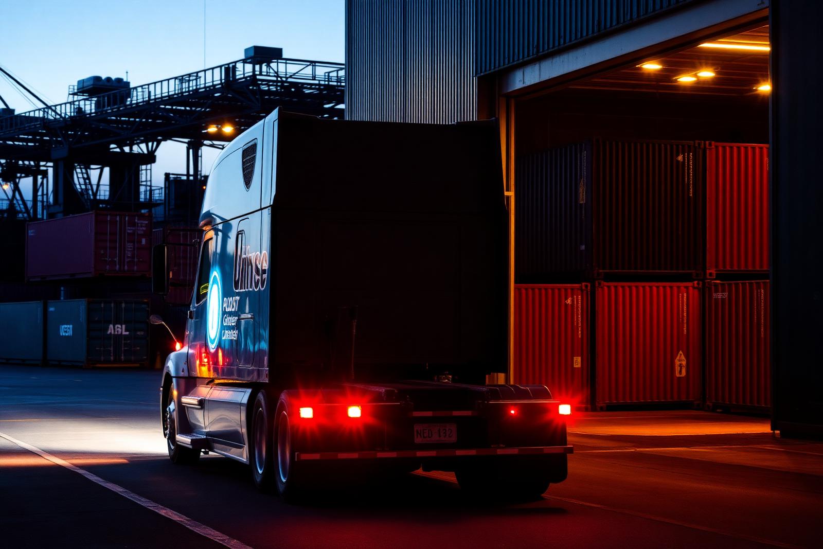 Truck at loading dock with shipping containers