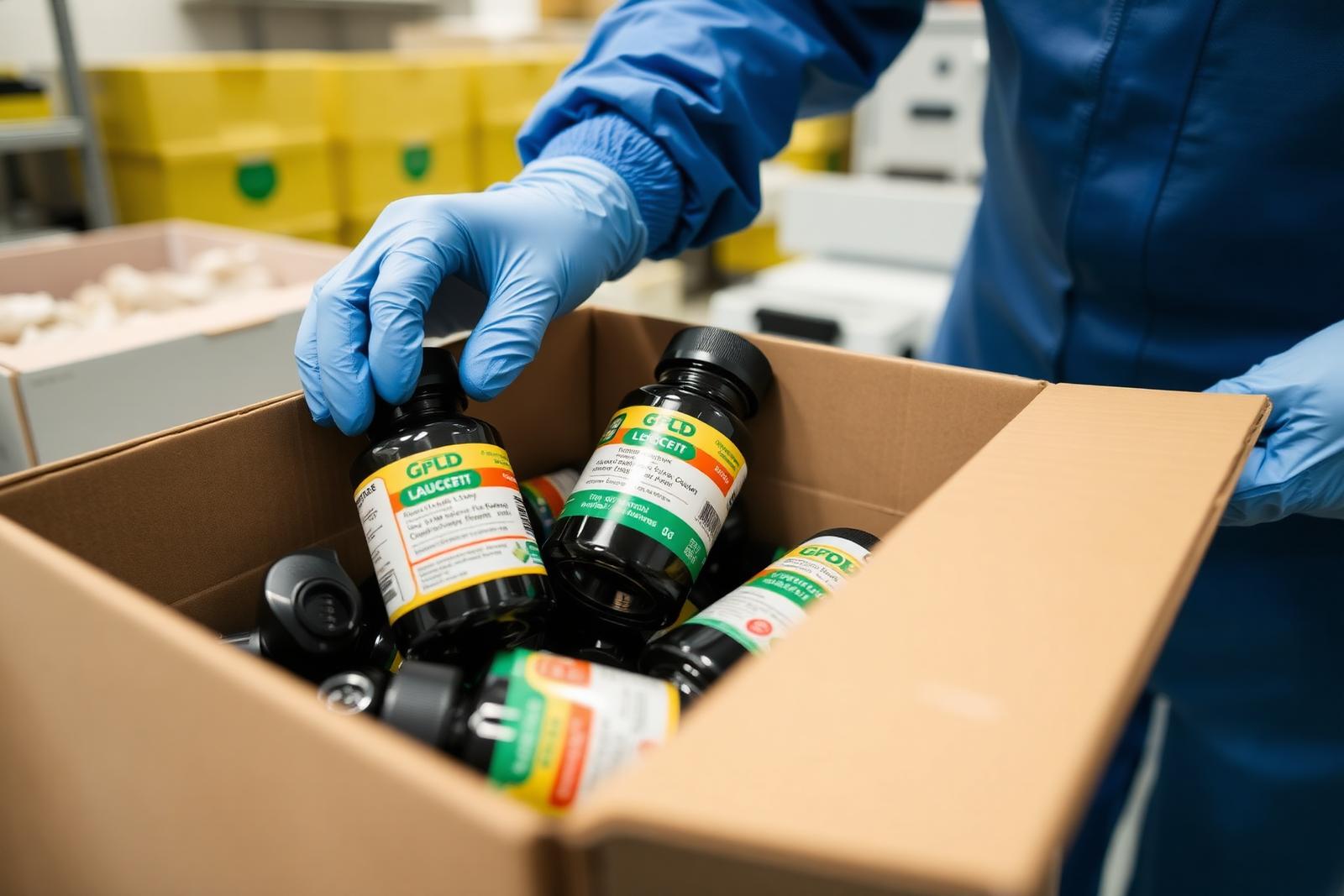 Worker packing dietary supplement bottles in a GMP-compliant facility
